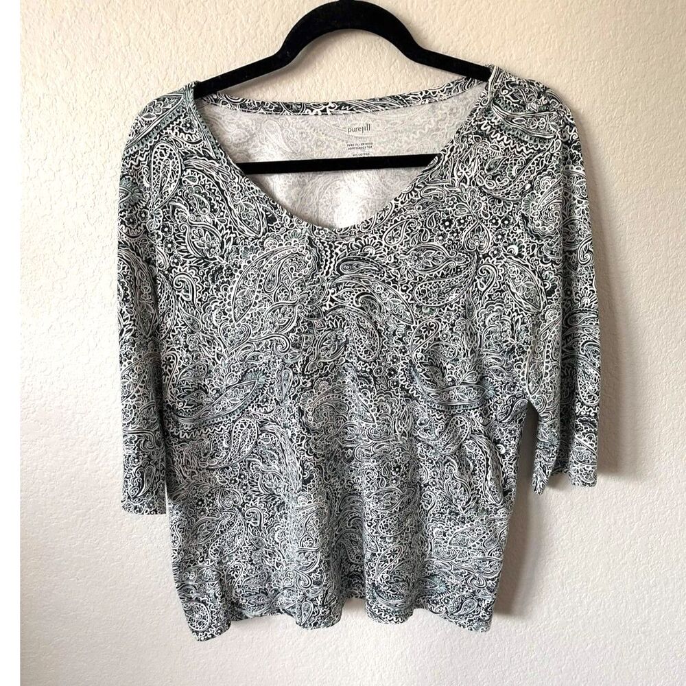 Pure Jill J Jill Paisley V-Neck Top Medium Petite M 3/4 Sleeve Coastal Boho